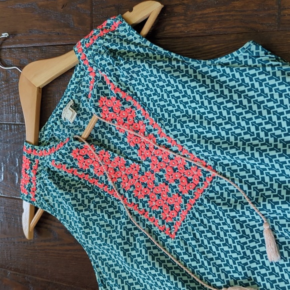 J. CREW I Blue & Pink Sleeveless Embroidered V-Neck Blouse Top with Tassels, 6 - Picture 1 of 11